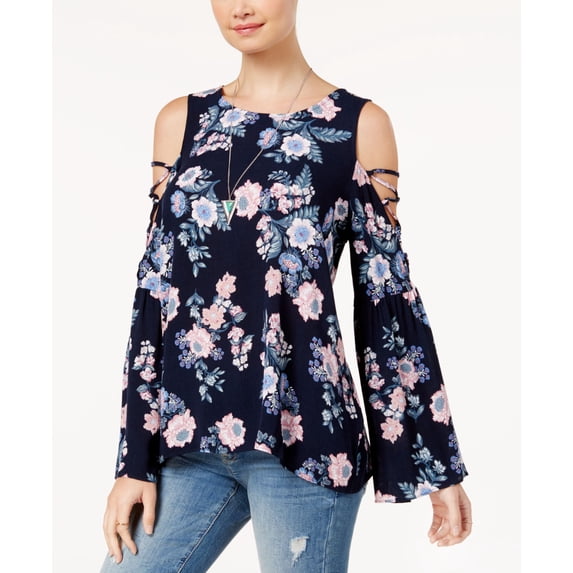 Hippie Rose Juniors Printed Bell Sleeve Cold Shoulder Top Navy Floral M