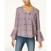 HIPPIE ROSE Juniors Printed Crochet Bell Sleeve Top Blush Mandala Tile XS