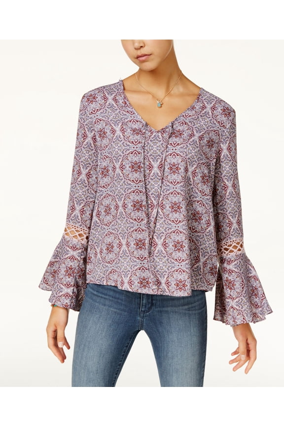 Juniors Printed Crochet Bell Sleeve Top Blush Mandala Tile XS