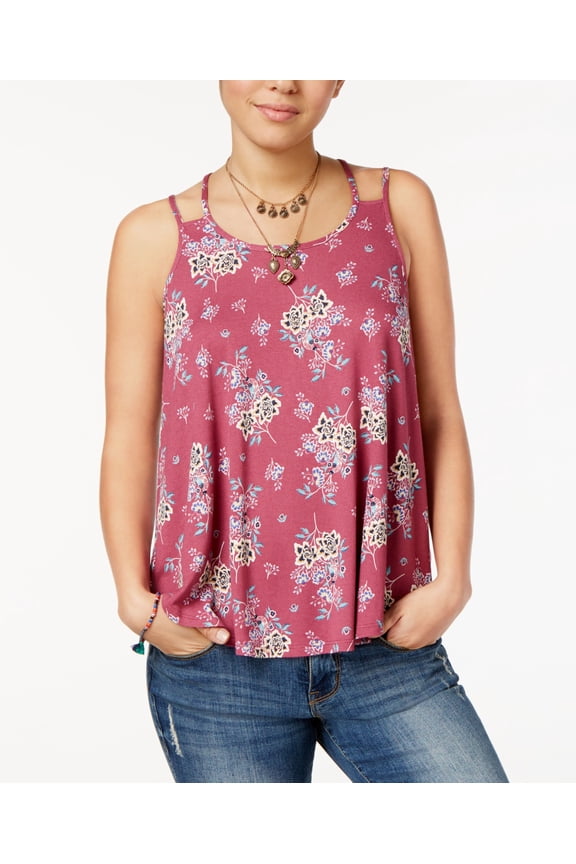 Juniors Printed Double Strap Tank Top Berry Blush Floral XL