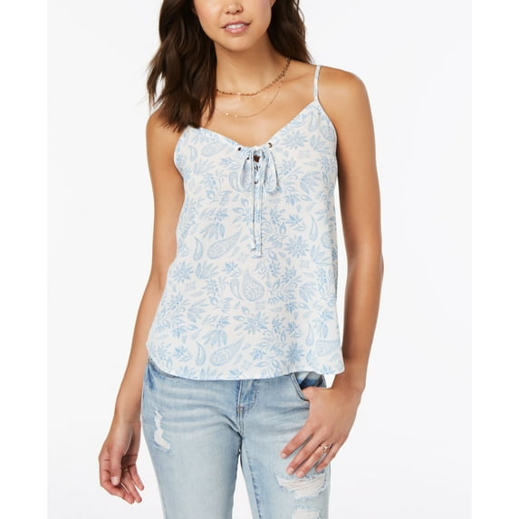 Hippie Rose Juniors' Printed Lace-Up Tank Top (Ivory Blue Paisley, XS)