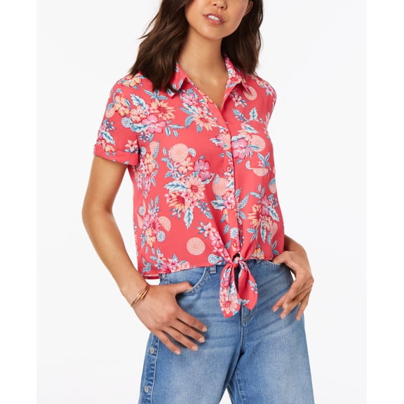 Hippie Rose Juniors Printed Tie Front Camp Shirt Hot Pink Tropical Fruit L