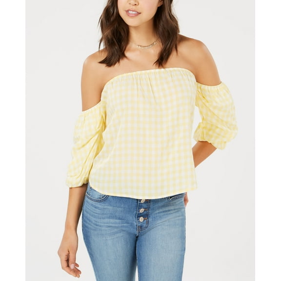 Hippie Rose Juniors' Puff-Sleeved Off-The-Shoulder Top (Yellow White Gingham, L)