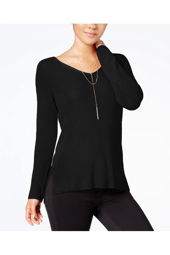 Juniors Ribbed Crisscross V Back Sweater Black M