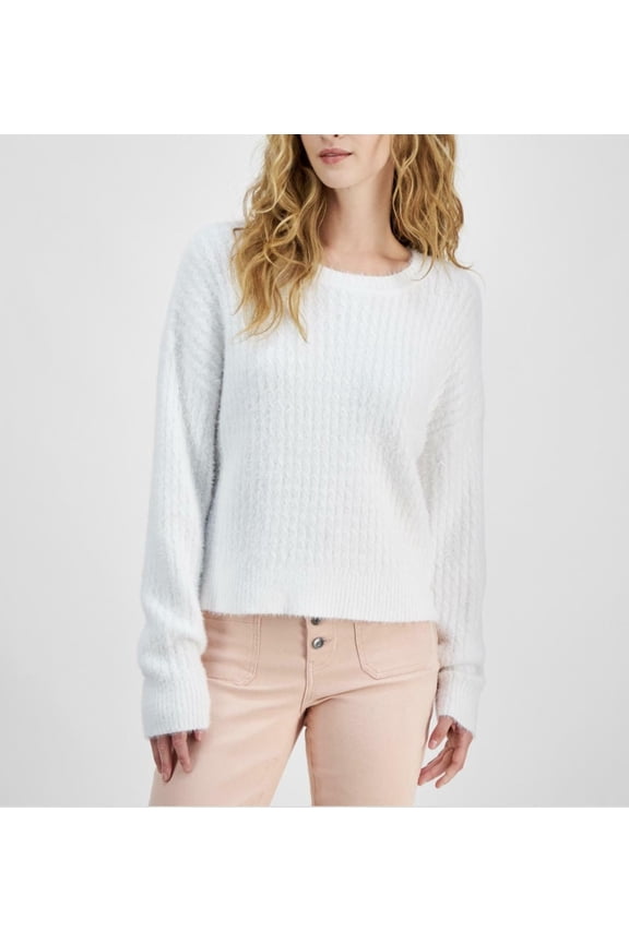 Juniors' Ribbed Eyelash Drop-Shoulder Sweater - Bright White - LUS