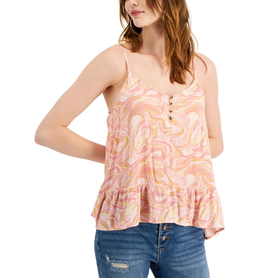 Hippie Rose Juniors' Ruffled-Hem Tank Top Coral Swirl M