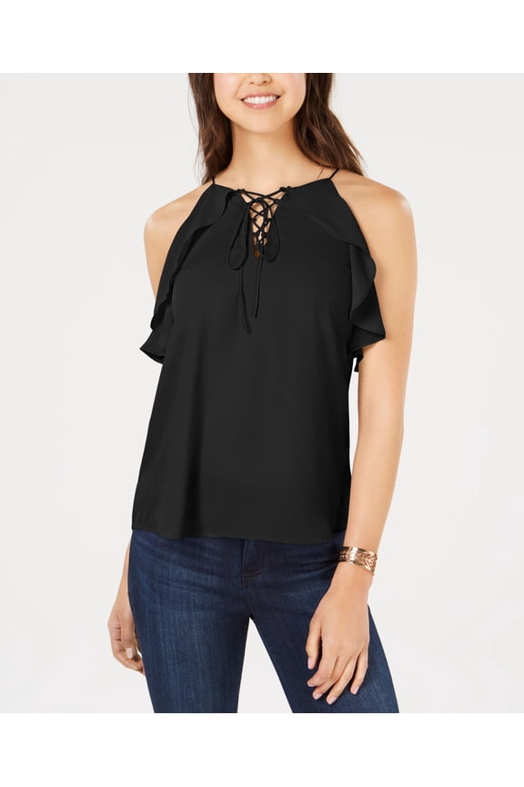 Juniors Ruffled Lace Up Top Black S