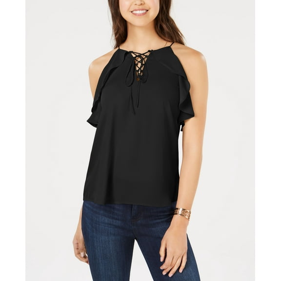 Hippie Rose Juniors' Ruffled Lace-Up Top (Black, XS)