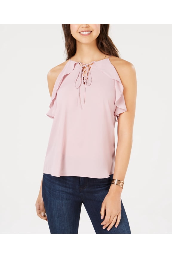 Juniors Ruffled Lace Up Top Blush XL