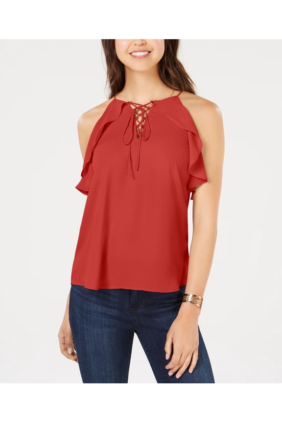 Juniors Ruffled Lace Up Top Red L
