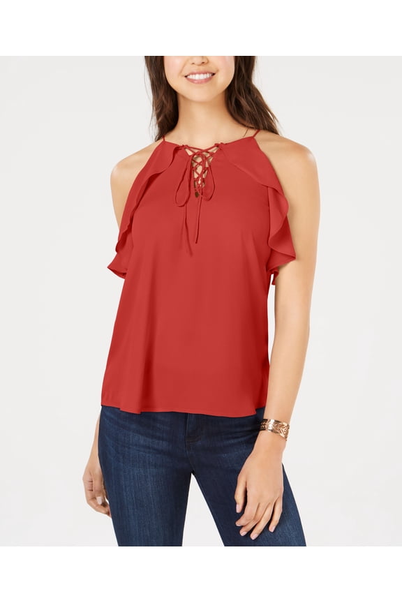 Juniors' Ruffled Lace-Up Top (Red, XL)