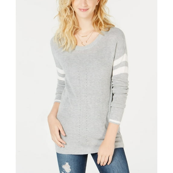 Hippie Rose Juniors Scoop Neck Varsity Stripe Sweater Light Heather Grey S