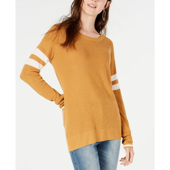 Hippie Rose Juniors Scoop Neck Varsity Stripe Sweater Sundried Honey XL