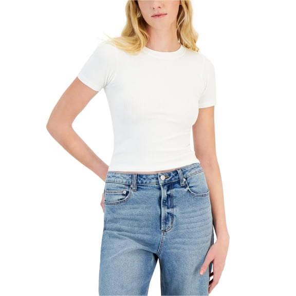 Hippie Rose Womens Ribbed Crew Neck Basic T-Shirt, Off-White, Juniors, Small