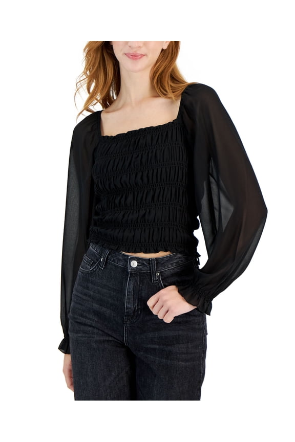 Juniors' Smocked Square-Neck Puff-Sleeve Top Black M