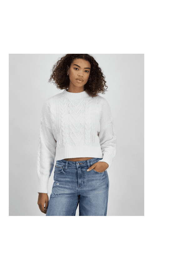 Juniors' "Soft & Cozy" Chenille Heart Cable-Knit Mockneck Sweater - Bright White