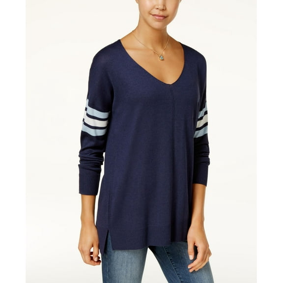 Hippie Rose Juniors Stripe Detail Tunic Sweater Blue Combo XL