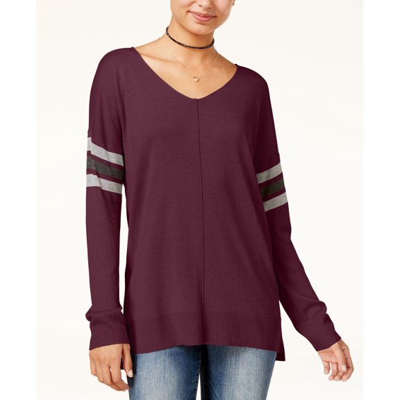 Hippie Rose Juniors Stripe Detail Tunic Sweater Red Combo L