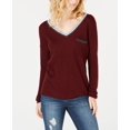 thumbnail image 1 of Hippie Rose Juniors Stripe Trimmed V Neck Sweater Burgundy Combo L, 1 of 1