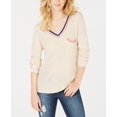 thumbnail image 1 of Hippie Rose Juniors Stripe Trimmed V Neck Sweater Heather Oat Combo L, 1 of 1