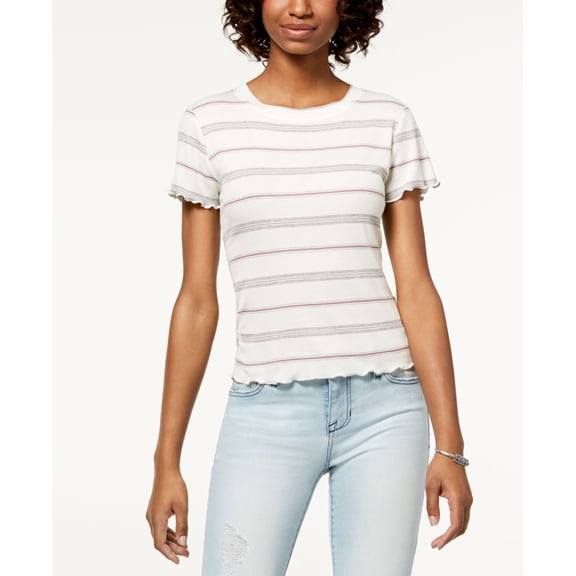 Hippie Rose Juniors Striped Lettuce Edge T-Shirt Ivory XL