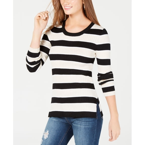 Hippie Rose Juniors Striped Ribbed Lace Up Sweater Black Oatmeal Combo M