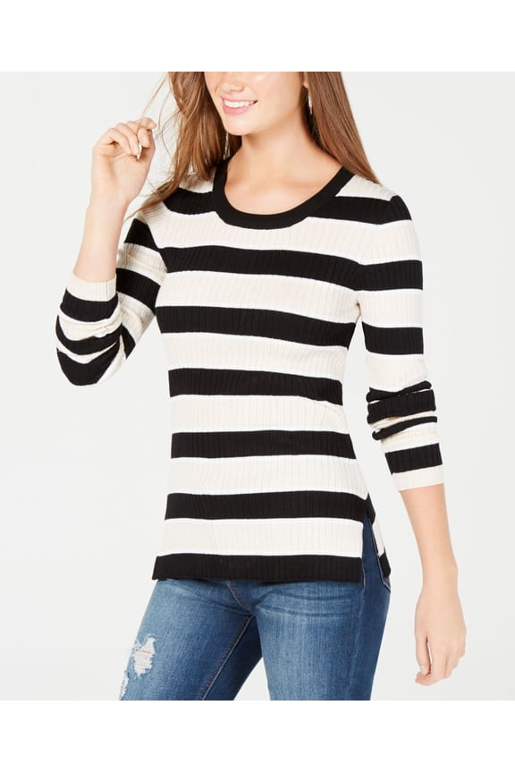 Juniors Striped Ribbed Lace Up Sweater Black Oatmeal Combo M