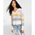 thumbnail image 1 of Hippie Rose Juniors Striped V-Neck Sweater,White Multi Combo,Large, 1 of 1