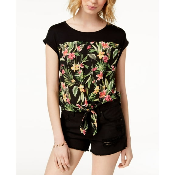 Hippie Rose Juniors' Tie-Front Top (Black Floral, L)