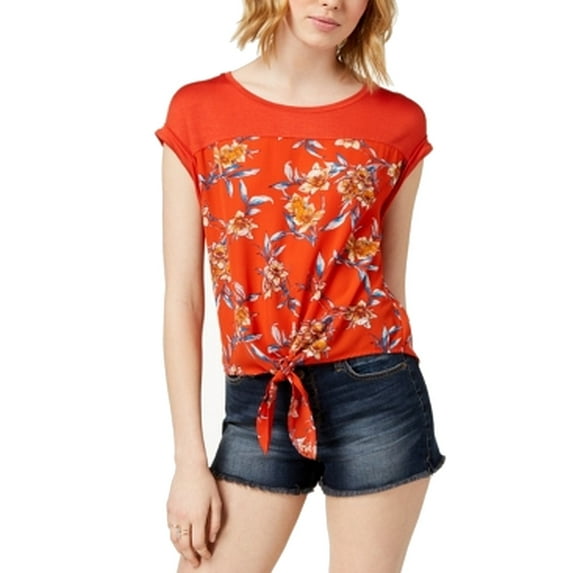 Hippie Rose Juniors Tie Front Top Red Floral L