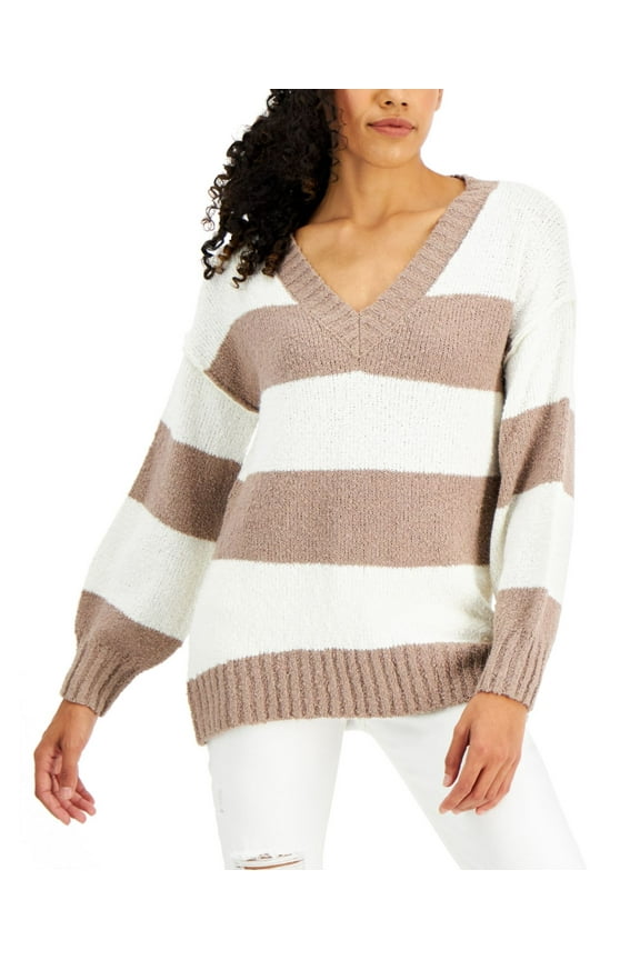 Juniors V-Neck Tunic Sweaters, Beige, Medium