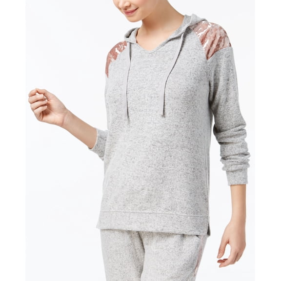 Hippie Rose Juniors Velvet Trim Cozy Hoodie Light Grey M