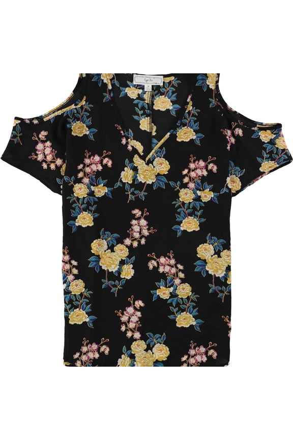 Womens Cold-Shoulder Printed Pullover Blouse, Black, Juniors, Medium