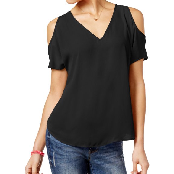 Hippie Rose Womens Cold-Shoulder Printed Pullover Blouse, Black, Juniors, X-Small