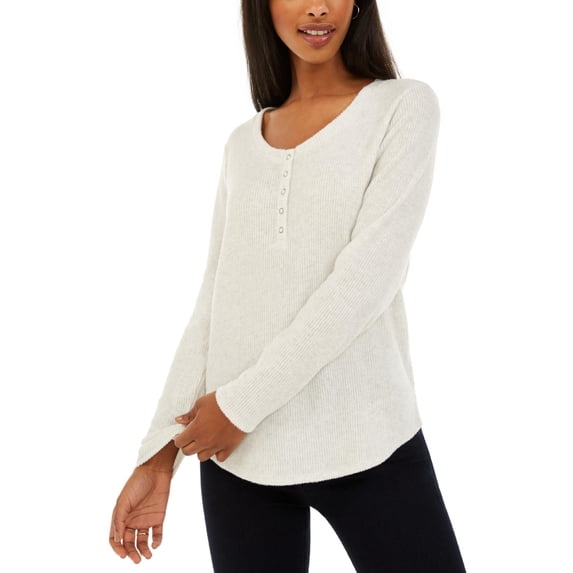Hippie Rose Womens Juniors Hacci Henley Ribbed Pullover Top White L