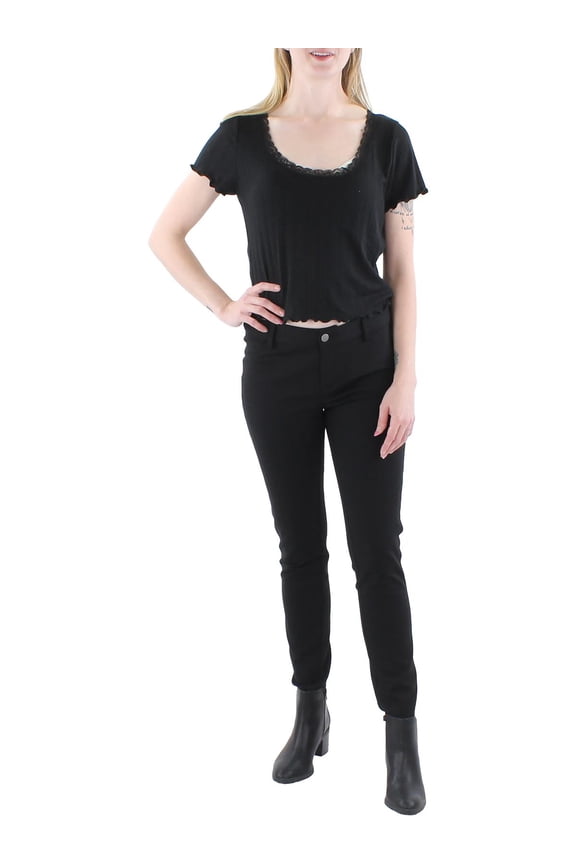 Womens Lace Trim Ribbed Cropped