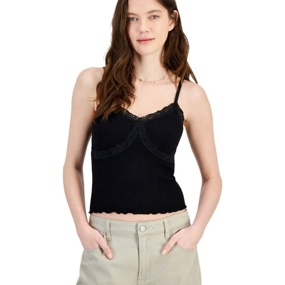 Hippie Rose Womens Lace Trim Tank Top, Black, Juniors, Medium