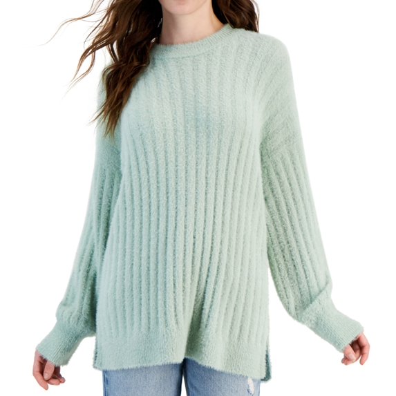 Hippie Rose Womens Ribbed-Knit Eyelash Pullover Sweater, Green, Juniors, Medium