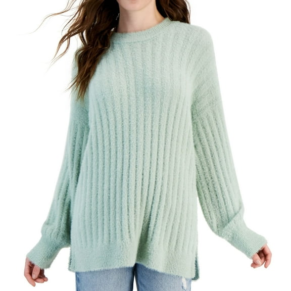 Hippie Rose Womens Ribbed-Knit Eyelash Pullover Sweater, Green, Juniors, X-Small