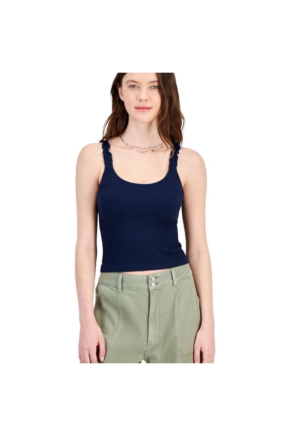Womens Ribbed Ruffled Strapped Tank Top, Blue, Juniors, Medium