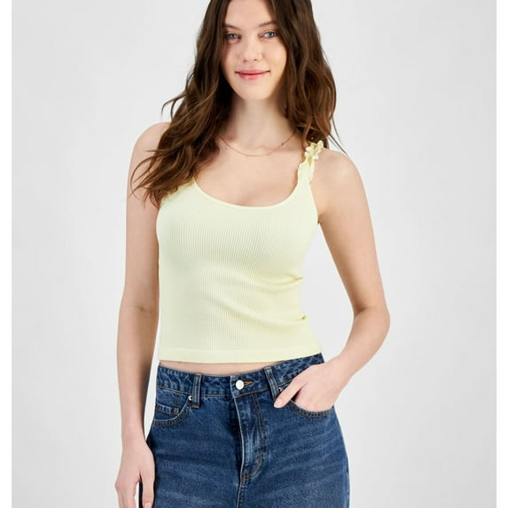 Hippie Rose Womens Ribbed Ruffled Strapped Tank Top, Yellow, Juniors, Medium