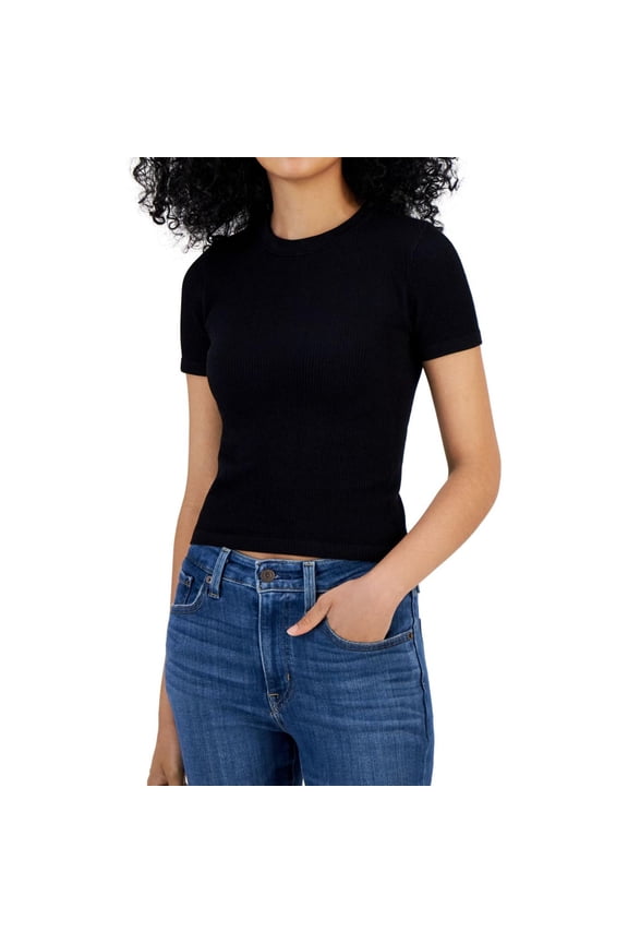 Womens Ribbed Tee Embellished T-Shirt, Black, Juniors, X-Small