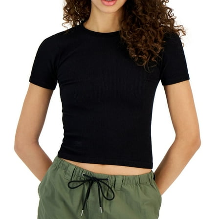 Hippie Rose Womens Ribbed Crew Neck Basic T-Shirt, Black, Juniors, Large