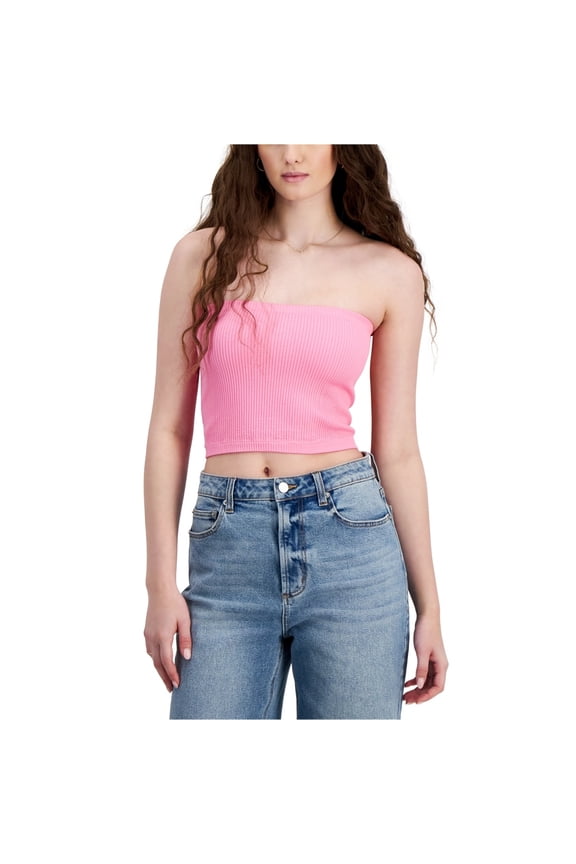 Womens Seamless Cropped Tube Top, Pink, Juniors, Medium