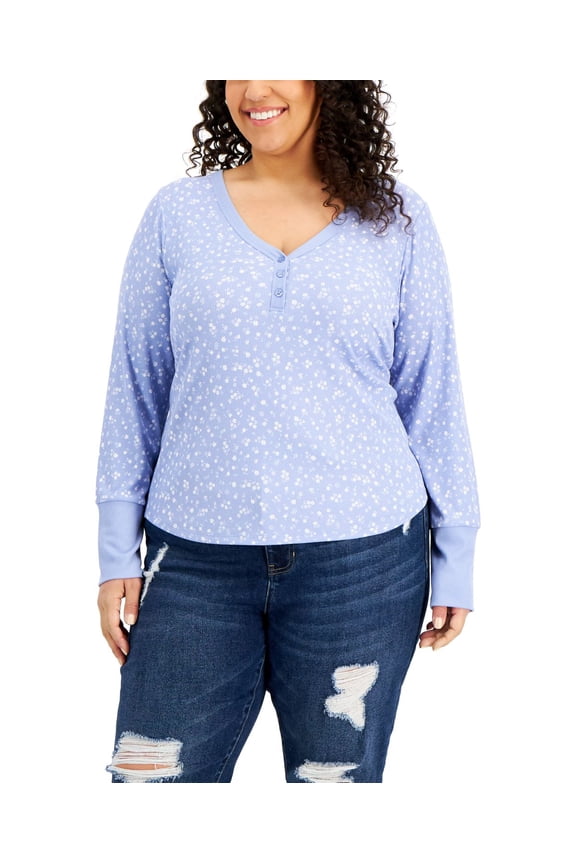 Womens Trendy Plus Size Floral-Print Henley Top