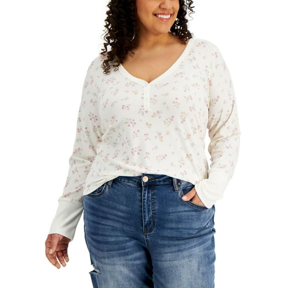 Hippie Rose Womens Trendy Plus Size Floral-Print Henley Top