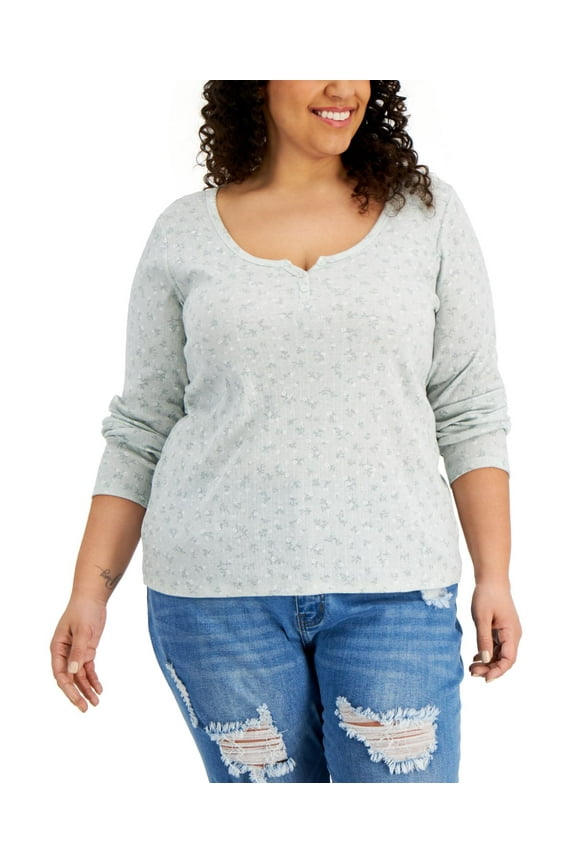Womens Trendy Plus Size Printed Henley Neck Top,Sage Ditsy,1X