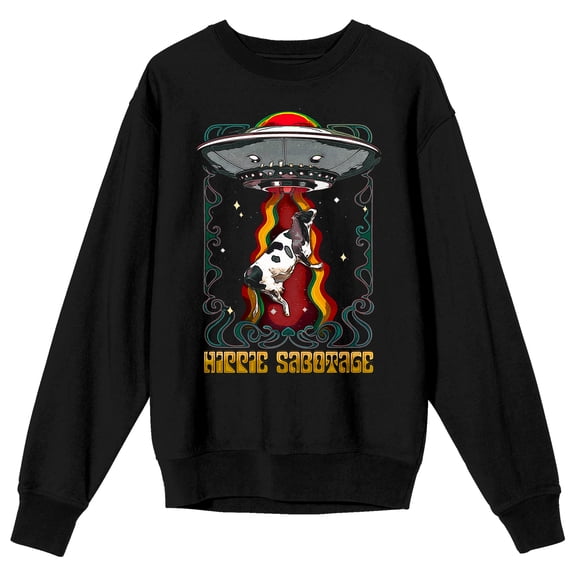 Hippie Sabotage Alien Ship Abducting A Cow Adult Black Crew Neck Sweatshirt - Large