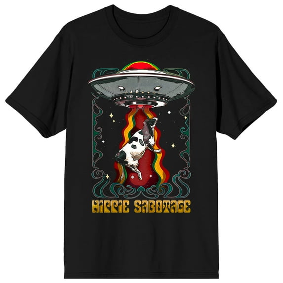 Hippie Sabotage Alien Spaceship Abducting Cow Crew Neck Short Sleeve Men's Black T-shirt-6XL