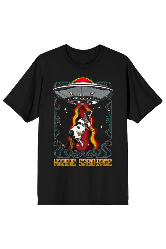 Hippie Sabotage Alien Spaceship Abducting Cow Crew Neck Short Sleeve Men's Black T-shirt-XS